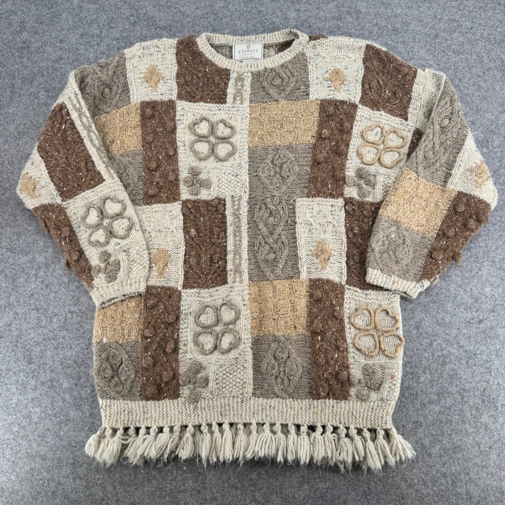 Express Tricot Vintage Handknitted Patchwork Sweater Angora Wool Fringe Womens S